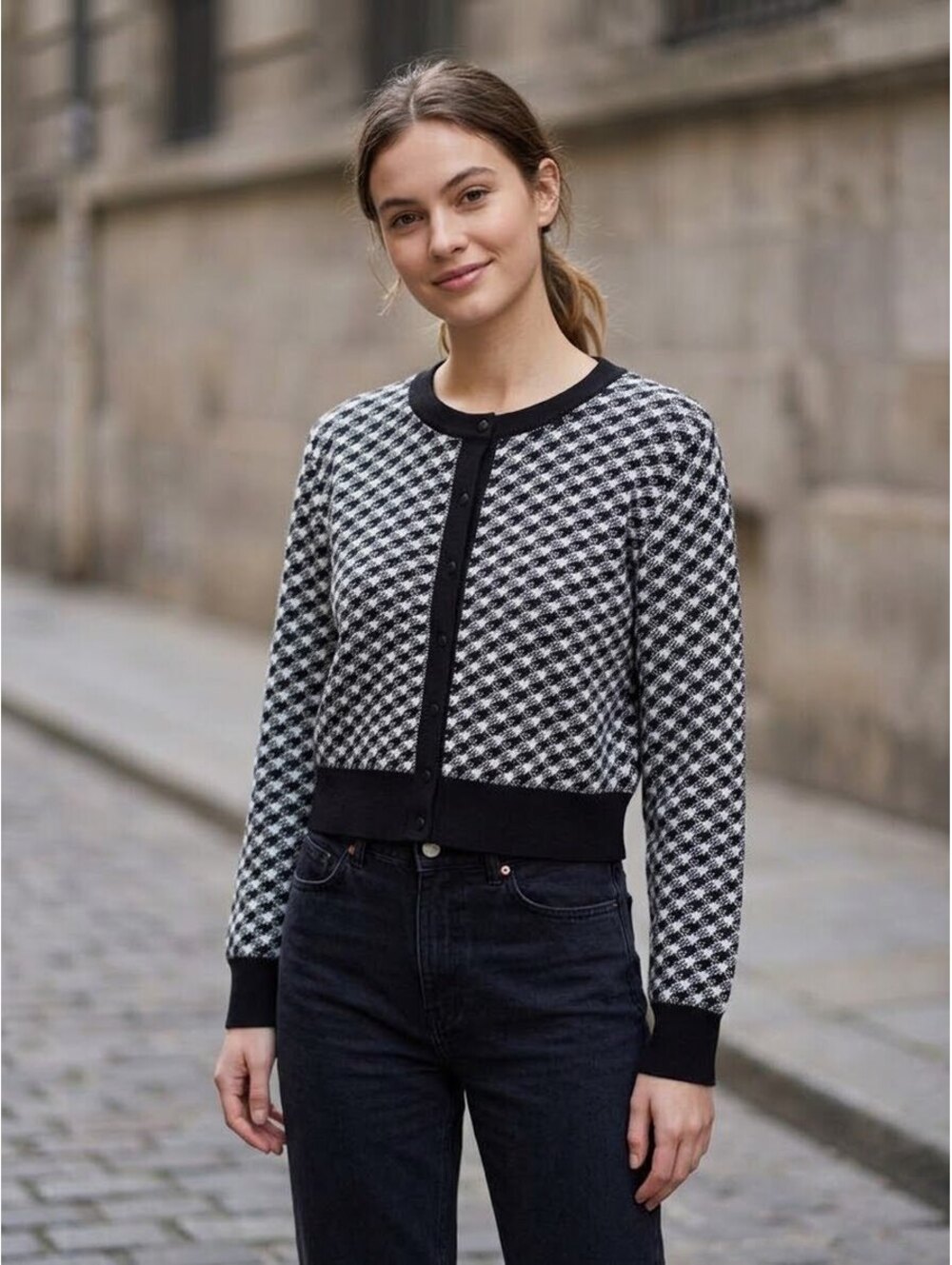 Black and White Houndstooth Knit Cardigan Sweater